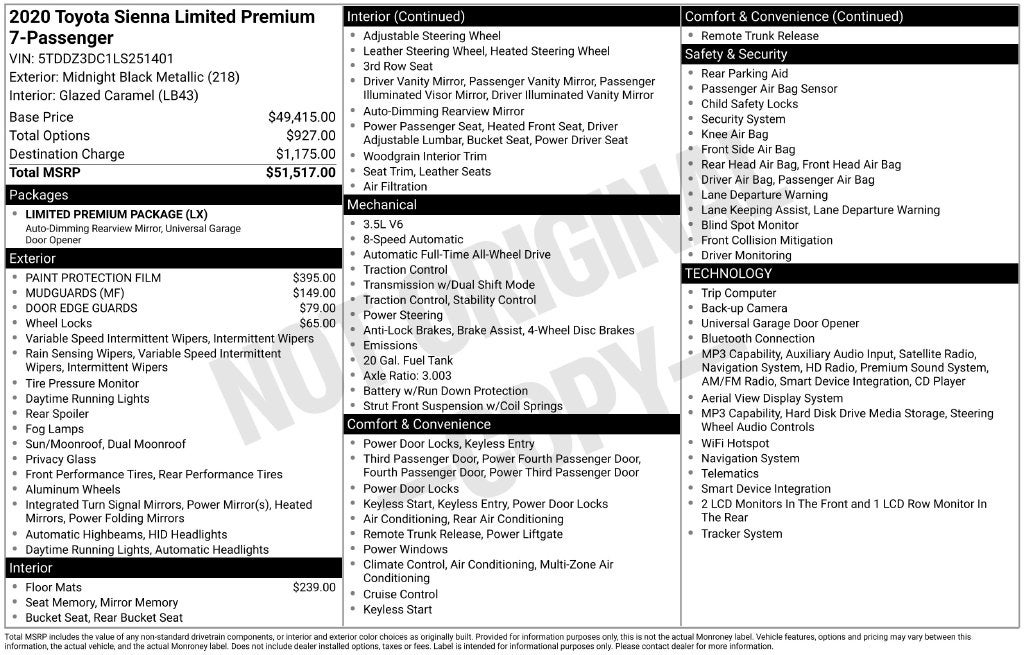 2020 Toyota Sienna Limited Premium 7 Passenger