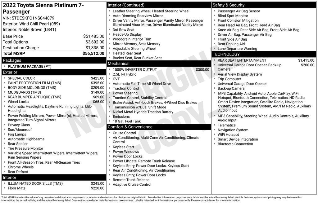 2022 Toyota Sienna Platinum 7 Passenger