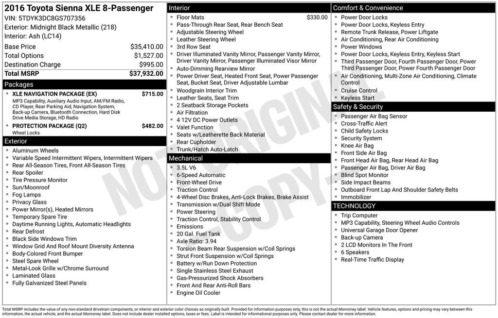 2016 Toyota Sienna XLE 8 Passenger