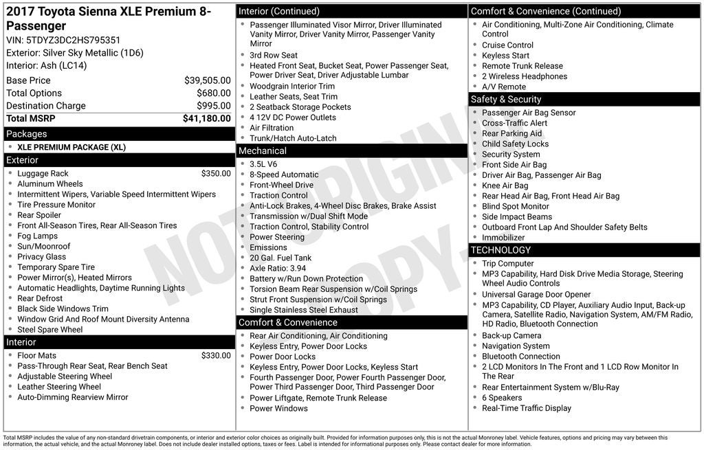 2017 Toyota Sienna XLE 8 Passenger